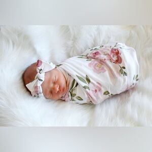 Newborn Girl Floral Rose Swaddle Blanket and Bow Set